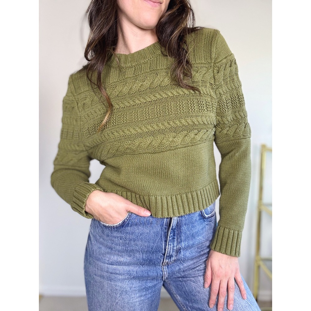 LA Hearts Olive Green Cable Knit Cropped Sweater, Medium Cotton Cottage Earthy